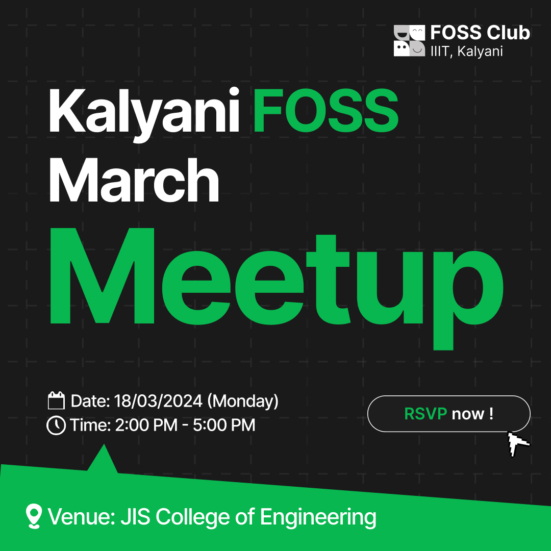 iiitkalyanifoss's tweet photo. Join us for the First FOSS Monthly Meetup on March 18th, 2pm-5 pm - a gathering of open source enthusiasts, sharing insights and building a vibrant community together! 

RSVP:  https://t.co/9uXMibn1Ip

Stay tuned!
For more, reach out to us through https://t.co/qcfDvYQZF3 
#FOSS https://t.co/05rd86KJwm
