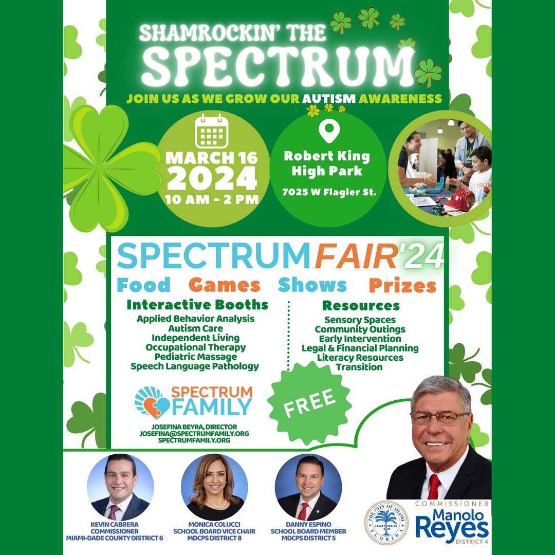 Miami families can head to this interactive all abilities resource fair in Robert King High Park this Saturday! 🍀

We'll be there to share more about our company & our #DevelopmentalCare services. 

Details: spectrumfamily.org

#Autism #TeamPD #PlayTherapy