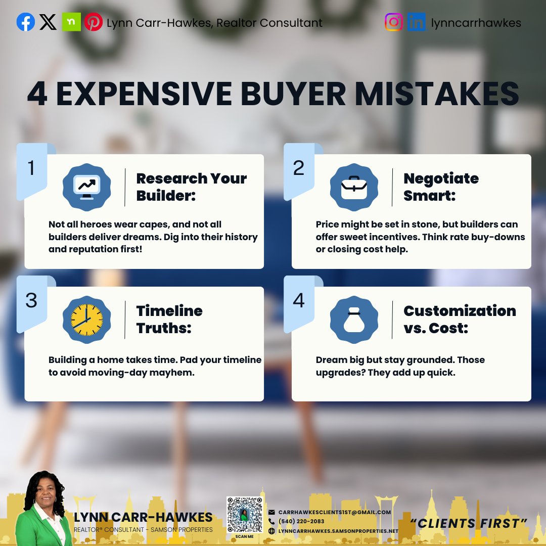 I am here to guide you through the home-buying process with #ClientsFirst! Avoid costly mistakes with these tips. Let's make sure yours does! #RealEstate #HomeBuying #ExpertAdvice #Virginiarealtor #realtorVirginia #realtor #realestateagent #lynncarrhawkes #realtorconsultant