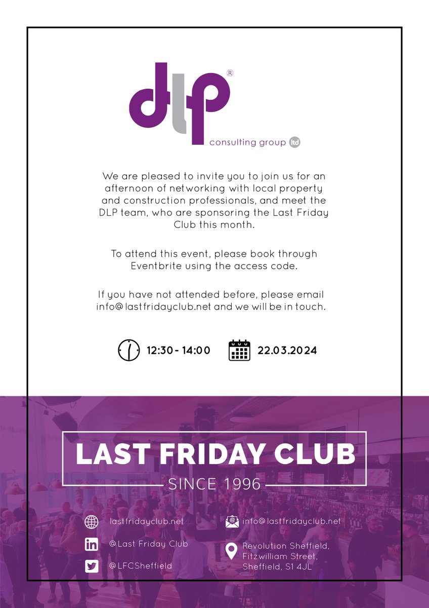 Last Friday Club (@lfcsheffield) on Twitter photo We are looking forward to seeing you at the upcoming Last Friday Club 22nd March, sponsored by DLP!
If you have not attended an event before please email in to info@lastfridayclub.net to sign up to our mailing list.
See you all soon 🍻
#lastfridayclubsheffield #networking We are looking forward to seeing you at the upcoming Last Friday Club 22nd March, sponsored by DLP!
If you have not attended an event before please email in to info@lastfridayclub.net to sign up to our mailing list.
See you all soon 🍻
#lastfridayclubsheffield #networking
