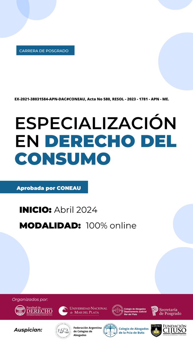 "Especialización en Derecho de Consumo" 

👉 Una oportunidad imperdible para cursar la carrera en forma íntegramente virtual. 
👉 Últimas semanas para inscribirte. Más información en <a href="/derechounmdp/">derechounmdp</a>.