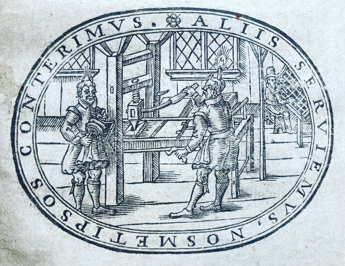 Gorgeous scene of a Jacobean printing shop, from the title page of Alexander Cooke’s ‘Yet more worke for a masse-priest’ (London, 1622). Notice the typesetter in the background & the ink man left foreground with his ink balls. @theULSpecColl Syn.7.62.300.