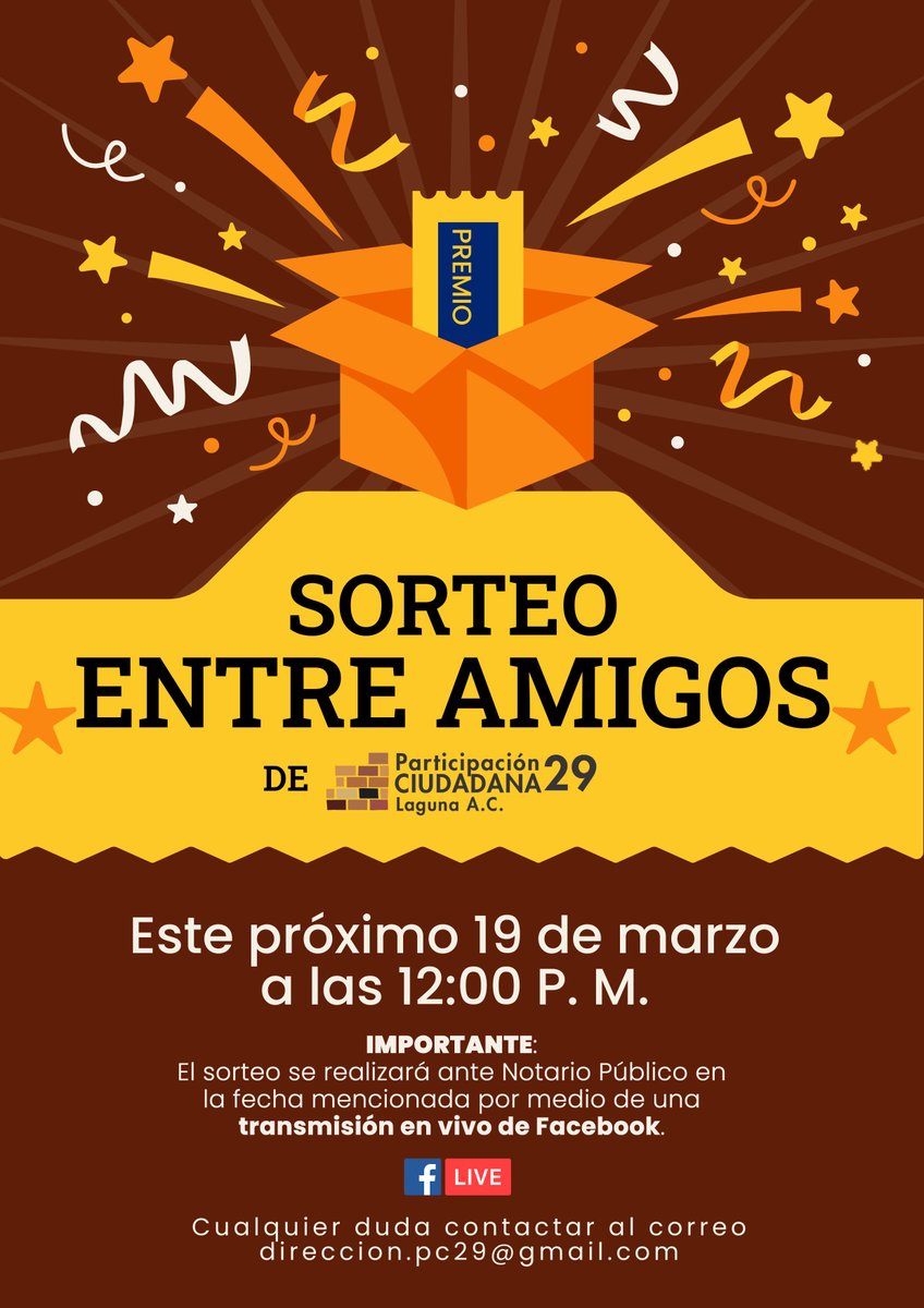 ¡Buenos días! Para quienes adquirieron un boleto para el "Sorteo entre amigos" de Participación Ciudadana 29, les informamos que el 19 de marzo realizaremos la dinámica con un Notario Público presente que ratifique al  número ganador.🎉🎟️🎟️