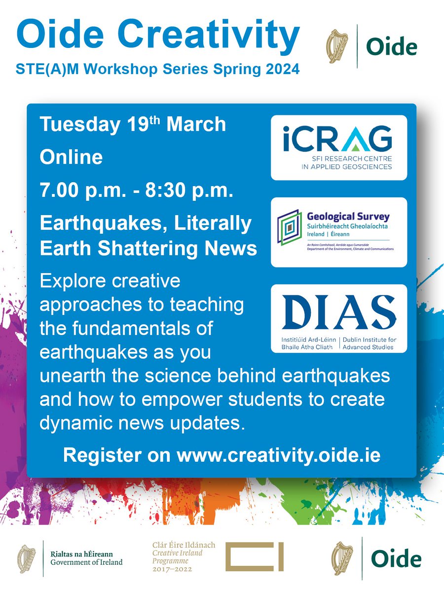 Look no further for earth-shattering news! Join @iCRAGcentre online on Tues 19th March for a workshop which explores the fundamentals of earthquakes and considers creative ideas to support professional classroom practice. Reg here: creativity.oide.ie
