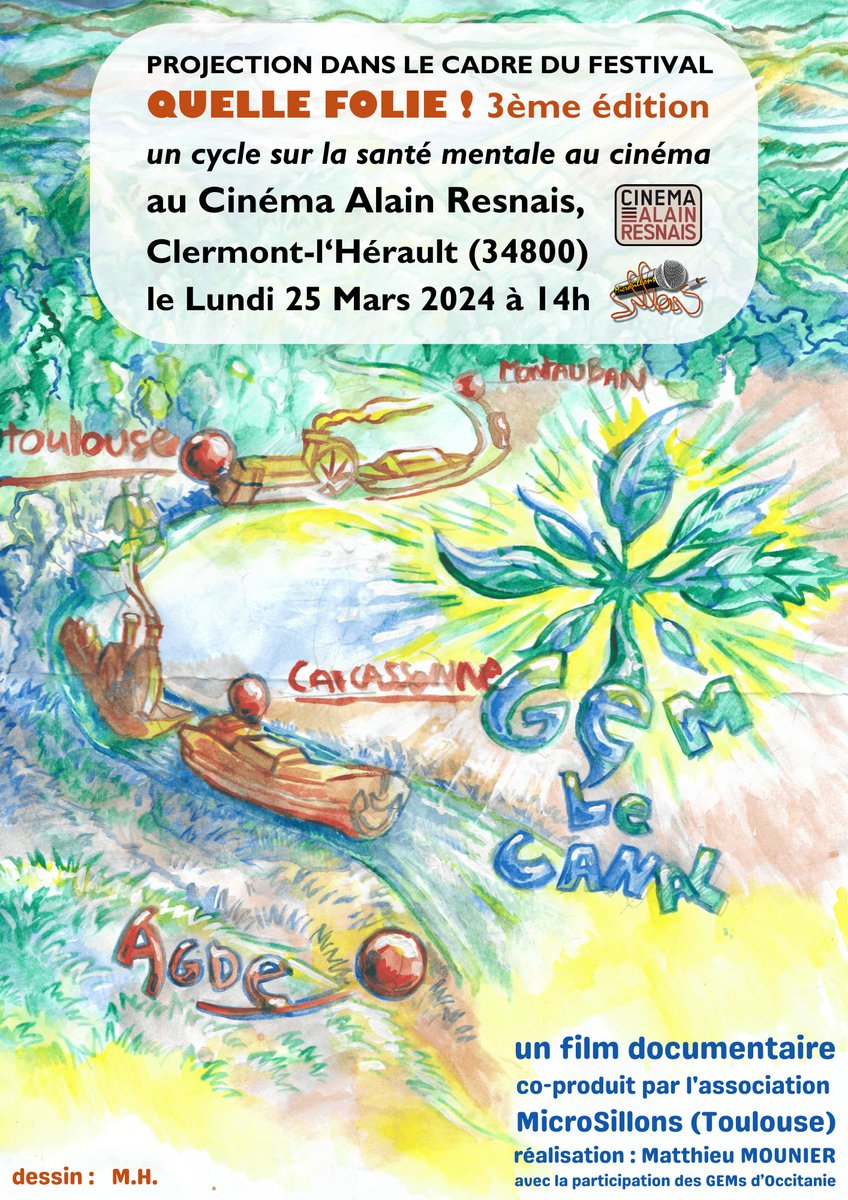 Microsillons's tweet image. On est à l'affiche du festival Quelle Folie ! organisé par le Cinéma Alain Resnais à Clermont-l'Hérault (34) : allez jeter un oeil à cette belle programmation, et on se donne rdv là-bas le Lundi 25 Mars à 14h pour venir voir ou revoir GEM Le Canal et se rencontrer autour du film