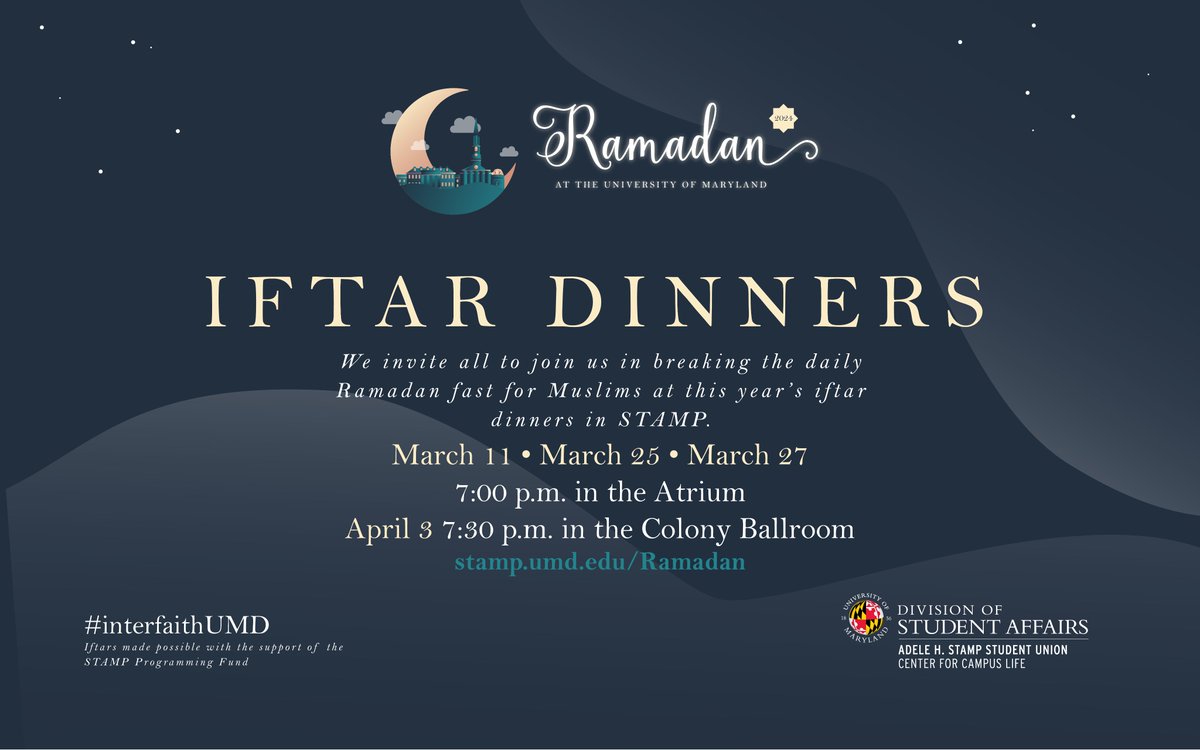 Ramadan has begun! Join Stamp for Iftar dinners on upcoming dates in March and April. #Ramadan2024 #iftardinner #interfaithumd
