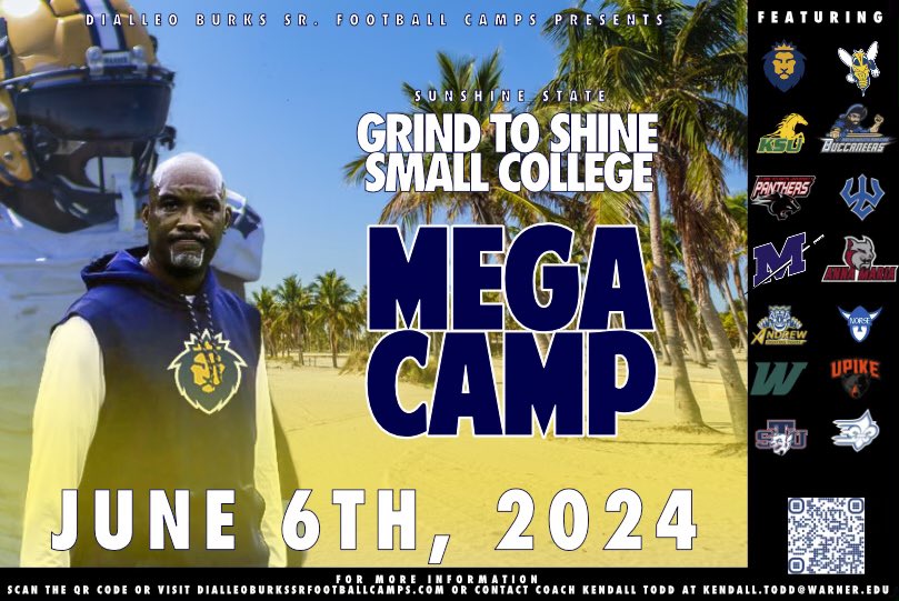 Sunshine State Grind to Shine Small College Mega Camp! June 6th we have limited spots! Don’t miss your chance to be seen or get signed up. Use the QR code or the link below to sign up!! dailleoburkssrfootbalcamp.com