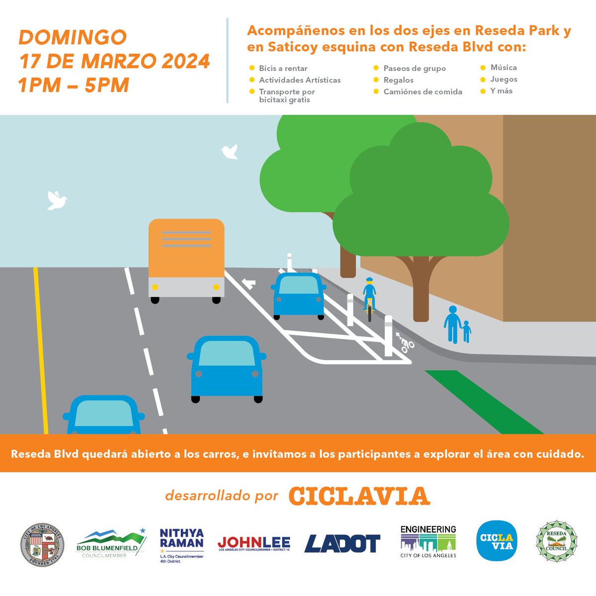 This Sunday! Celebrate the new safety improvements along Reseda Blvd at 'Ready for Reseda' - a free event by @CicLAvia. Experience protected bike lanes & more! Reseda Blvd is open to cars, so explore safely! Enjoy biking, skating, and activities from Saticoy to Reseda Park.