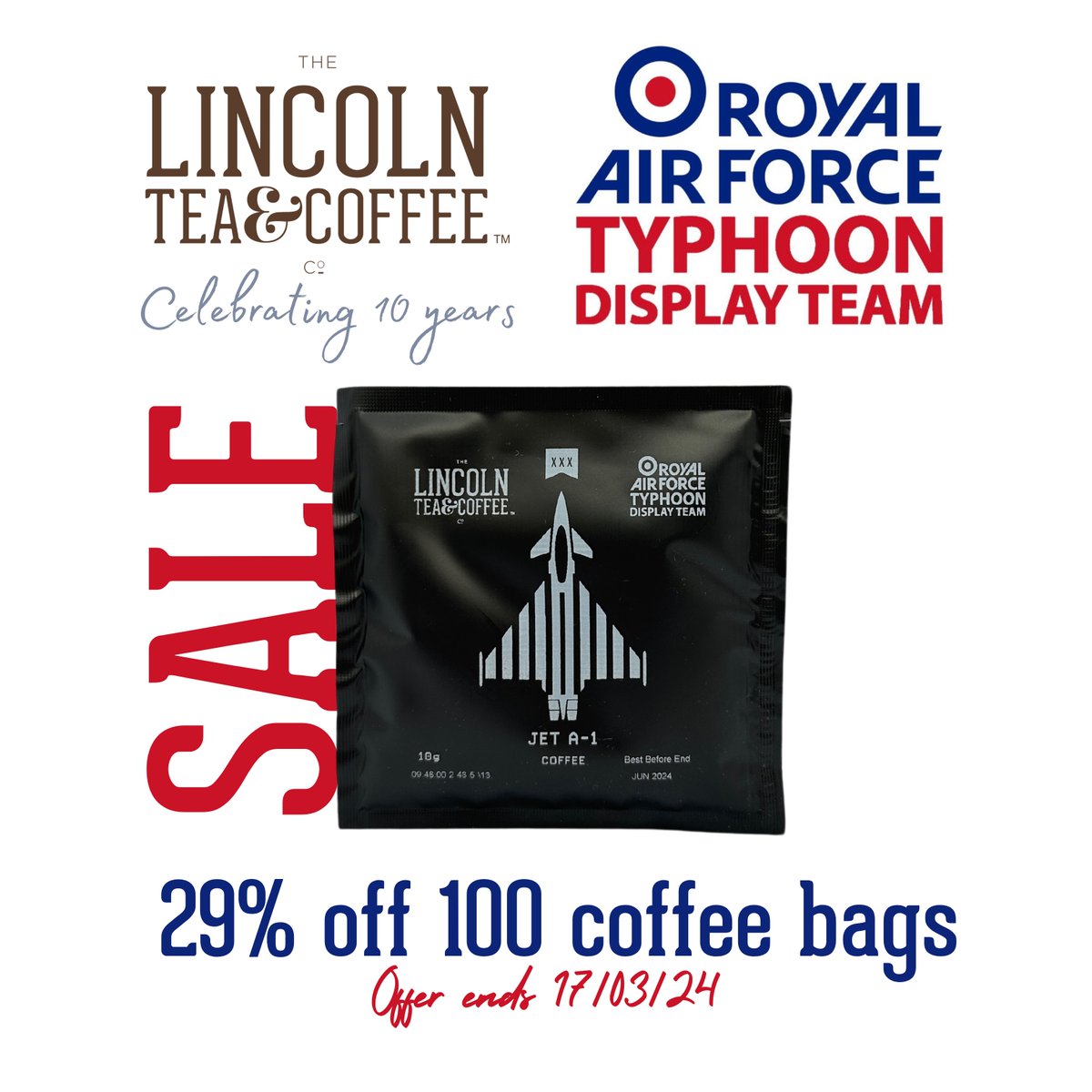 ❌ @RAFTyphoonTeam #Coffee Bags #Sale ❌ To #celebrate 29 squadron and the new #displayseason, enjoy 29% off our 100 #Typhoon #coffeebags for 29 days 👉 thelincolnteaandcoffeecompany.co.uk/product/jet-a-… Offer ends 17/03/24 ⏰ Enjoy #fresh coffee with a boost anytime, anywhere! ☕ #lincolnteaandcoffee