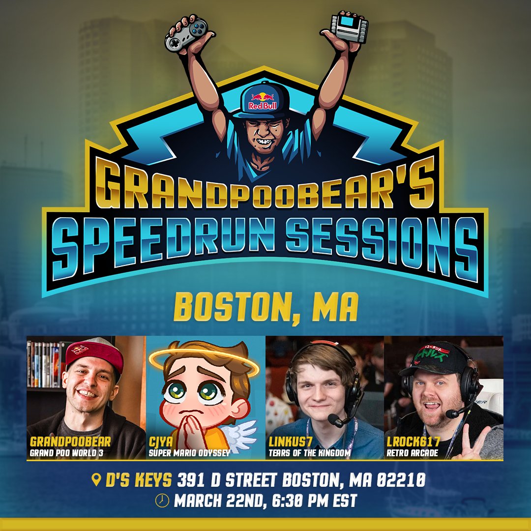 Hey Bostonnnnnn, next Friday, first day of PAX EAST, we will be doing a very special Speedrun Sessions, ft me, @cjyaTV @Linkus7 running on consoles and @lrock617 blessing us with some arcade action. Come early cause if you came last year, you know its gonna be packed!