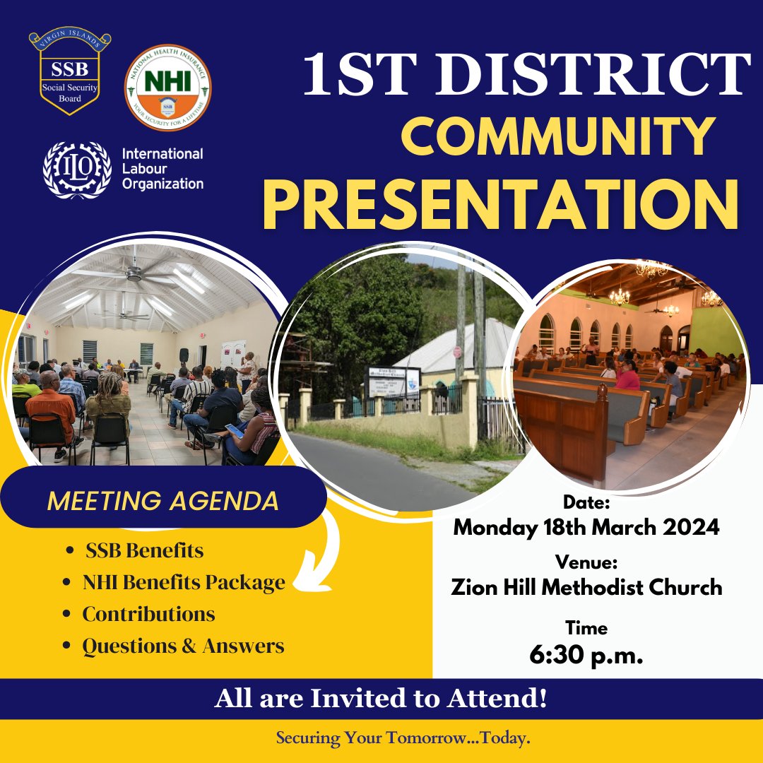 bvissb's tweet photo. The Social Security Board and NHI will be hosting a series of meetings throughout the Territory. On Monday 18th March, District 1 will be able to ask questions and voice concerns about their benefits and healthcare coverage. All are invited to attend. #SecureYourTomorrow https://t.co/UWHz8nwPf4