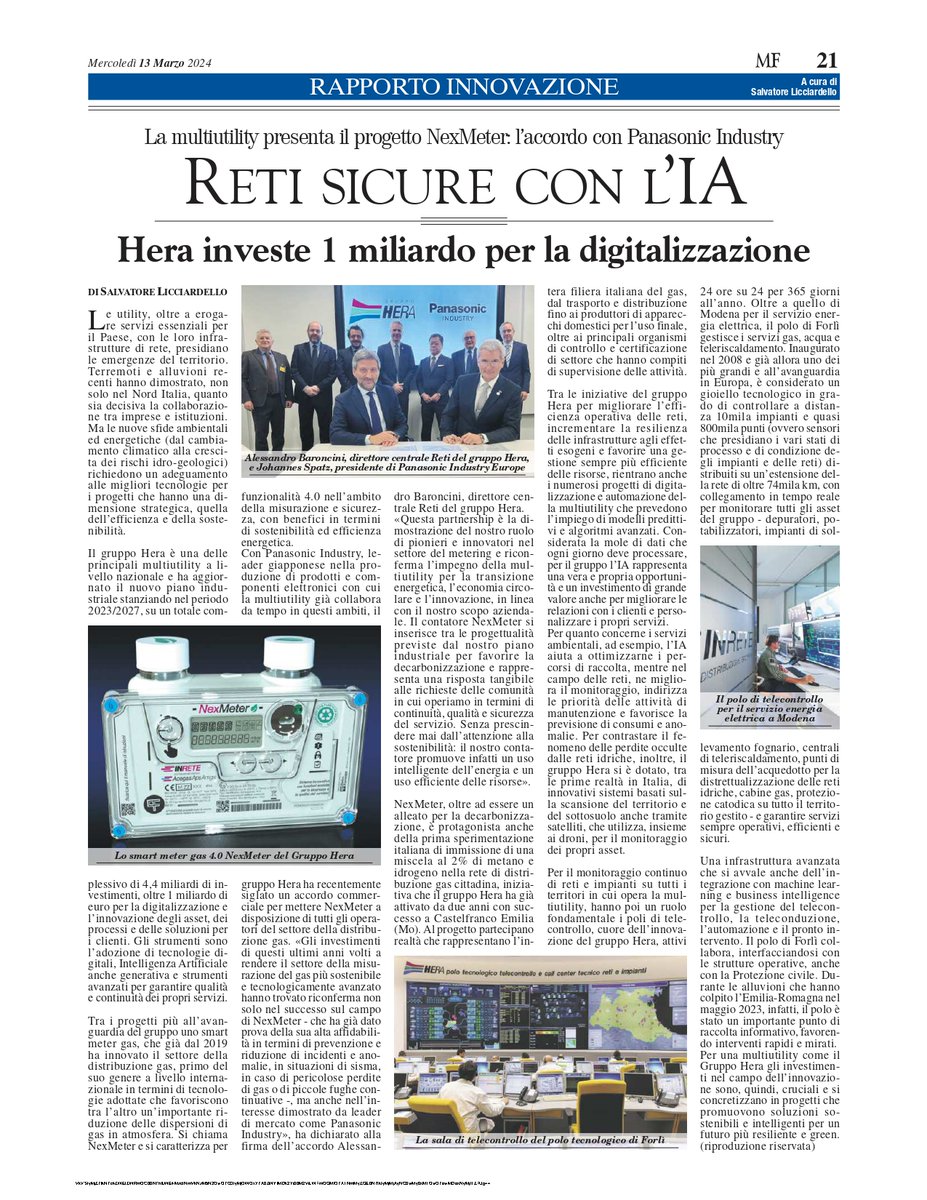 GruppoHera's tweet photo. 🗞️ Investire per innovare: nel Piano industriale #GruppoHera al 2027 oltre 1 mld di euro sono destinati alla digitalizzazione di asset e processi. Ne parla oggi @MilanoFinanza, con un focus sull'accordo con Panasonic Industry per la diffusione del contatore gas #NexMeter 👇 https://t.co/ZJkGsjOpbs