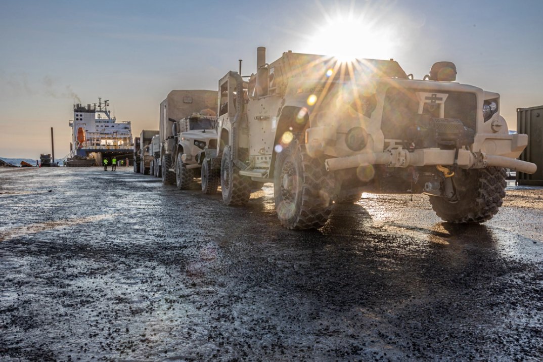 U.S. Marine Corps Joint Light Tactical Vehicles with Combat Logistics Battalion 6, Combat Logistics Regiment 2, @2ndMLG, staged at a pier offload in preparation for Exercise Nordic Response 24 in Talvik, Norway. @USMC @Forsvaret #STDE24 #IIMEF #NR24