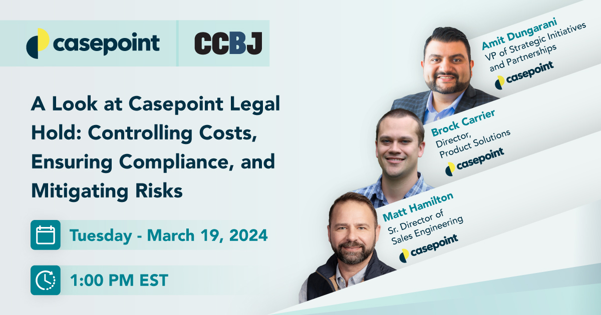 Casepoint's tweet photo. Still stuck in the old ways of #LegalHold? 💾

Picture managing your legal holds &amp; #datacollections seamlessly in one place! Discover more in our #TechTuesday with @CCBJournal featuring Amit, Brock, &amp; Matt. 

Secure your spot now! ⬇️ 
https://t.co/q2P6g2K07G

#LegalTech #LegalOps https://t.co/KnueGTlhNN