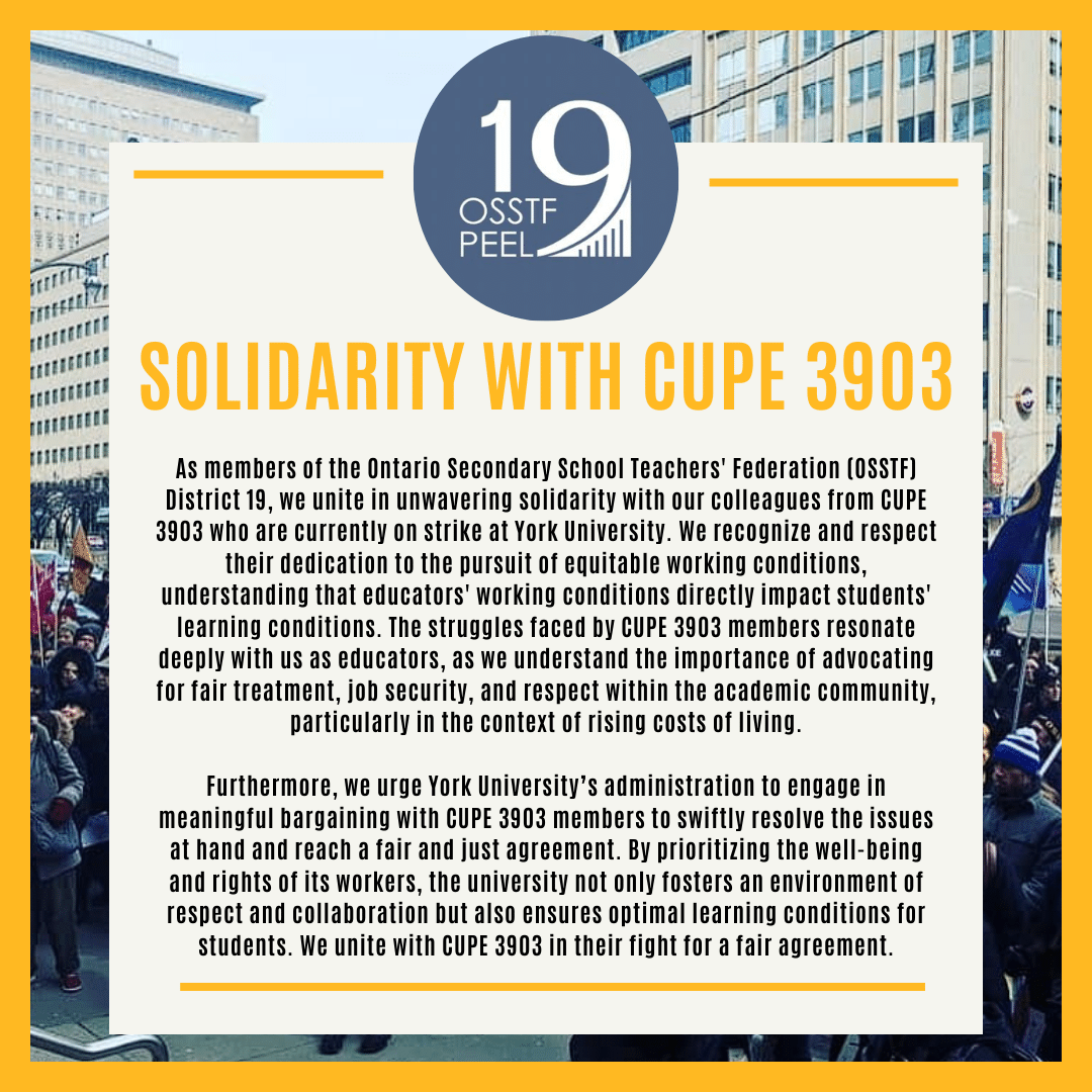 We unite in solidarity with striking @cupe3903comms educators at @YorkUniversity. As teachers, we know first hand that our working conditions are students' learning conditions. It's time for meaningful negotiations for a just resolution. #OnLab #CdnLab #YorkU #YorkUStrike