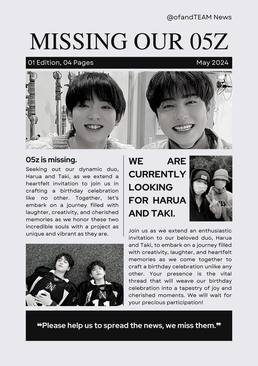 ㅤ
A repost would be appreciated! ִֶָ 𓂃⊹ ִֶָ
We, ofandTEAM, are looking for our duo 𝗛𝗮𝗿𝘂𝗮 and 𝗧𝗮𝗸𝗶, to come and join us for their 𝗯𝗶𝗿𝘁𝗵𝗱𝗮𝘆 𝗽𝗿𝗼𝗷𝗲𝗰𝘁. Please help us by tagging your Harua and Taki mutuals and spread the news! Thank you in advance. ✎°₊·
ㅤ