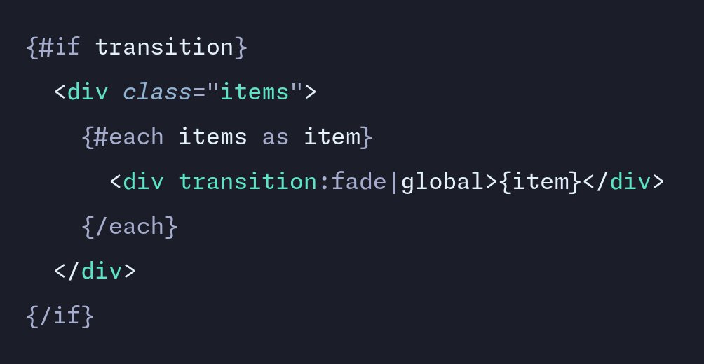 If your Svelte transitions don't work as expected try using the `global` modifier because transitions are `local` by default and only play if the block is the direct parent.

svelte.dev/repl/644f1b334…
