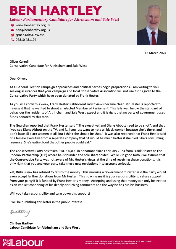 I've written to @OliverJCarroll to ask whether his campaign will be accepting support from a party funded by someone like Frank Hester, given his abhorrent racist, sexist and disturbing comments.