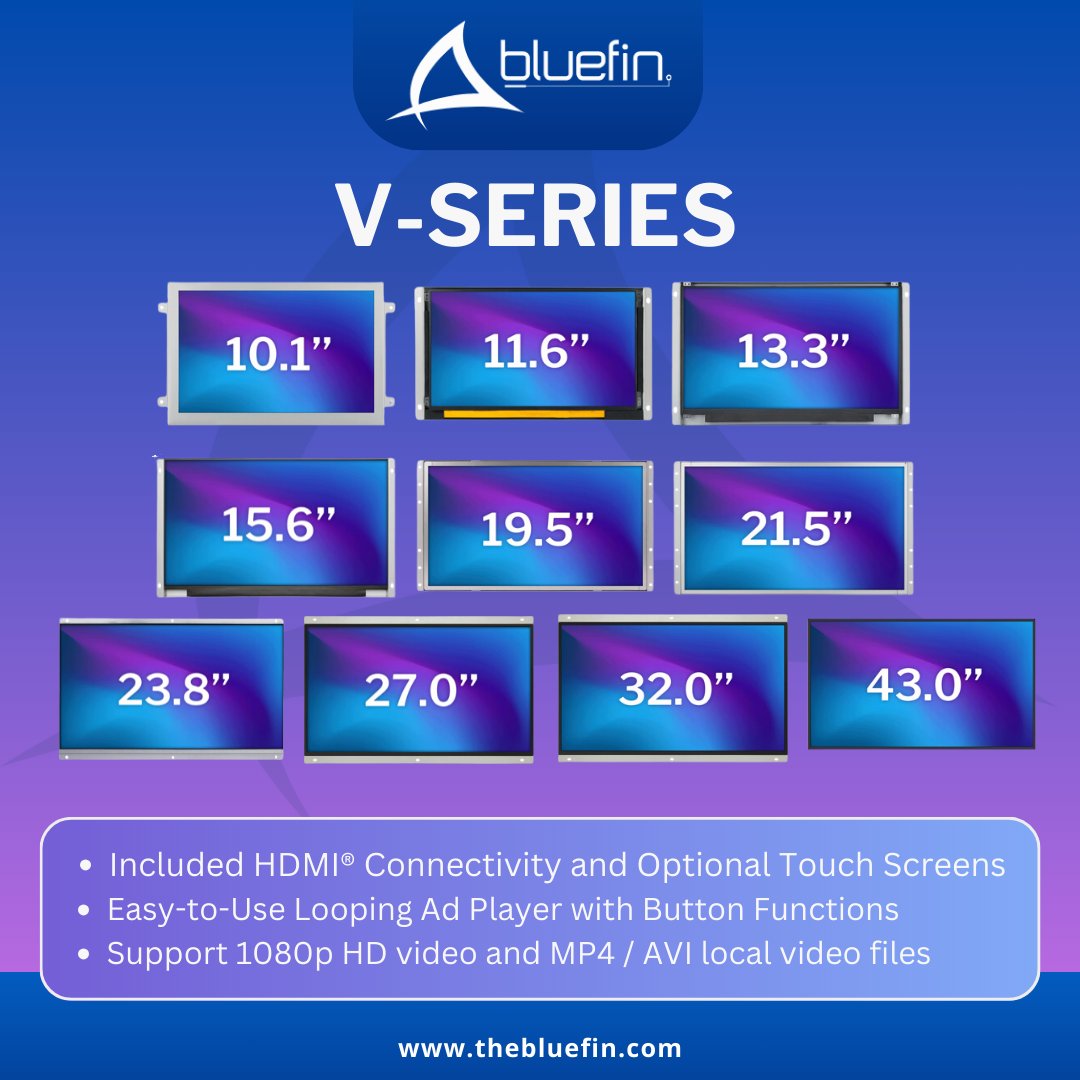 At Bluefin we try to make digital signage simple. The V Series allows you to display from computers, media players, streaming devices and more with included HDMI connectivity.

ow.ly/sINI50QNPrj

#DigitalSignageSolutions #BluefinLCD #DigitalSignage #CustomLCD  #Vseries