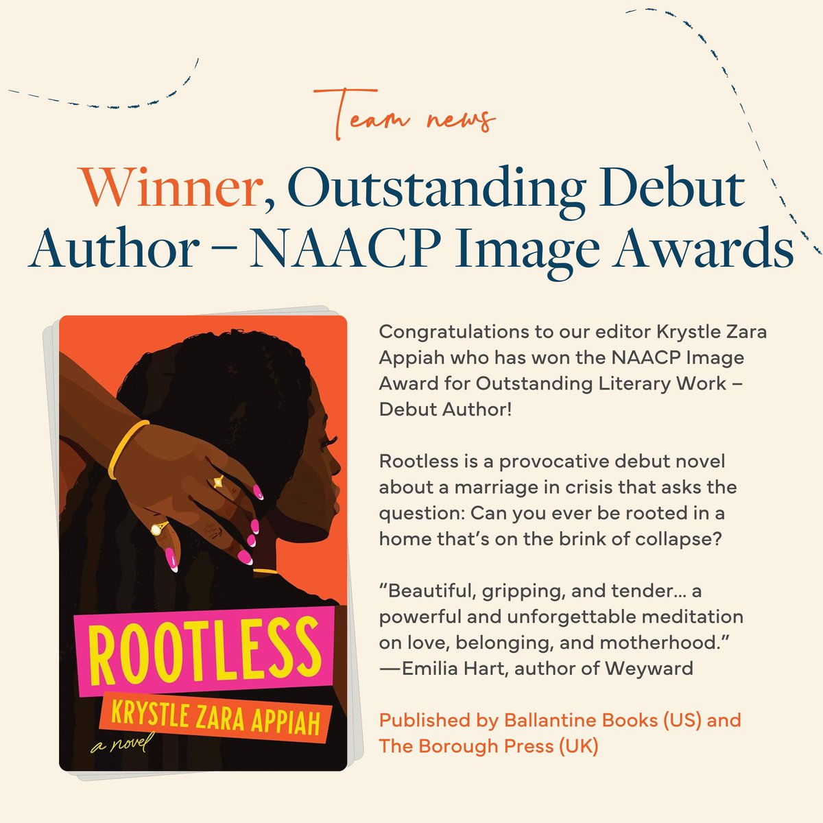 Congratulations to our editor @krystlezara who has won the @naacpimageaward for Outstanding Literary Work – Debut Author with her first novel, Rootless! 🎉 A phenomenal achievement, well done Krystle!