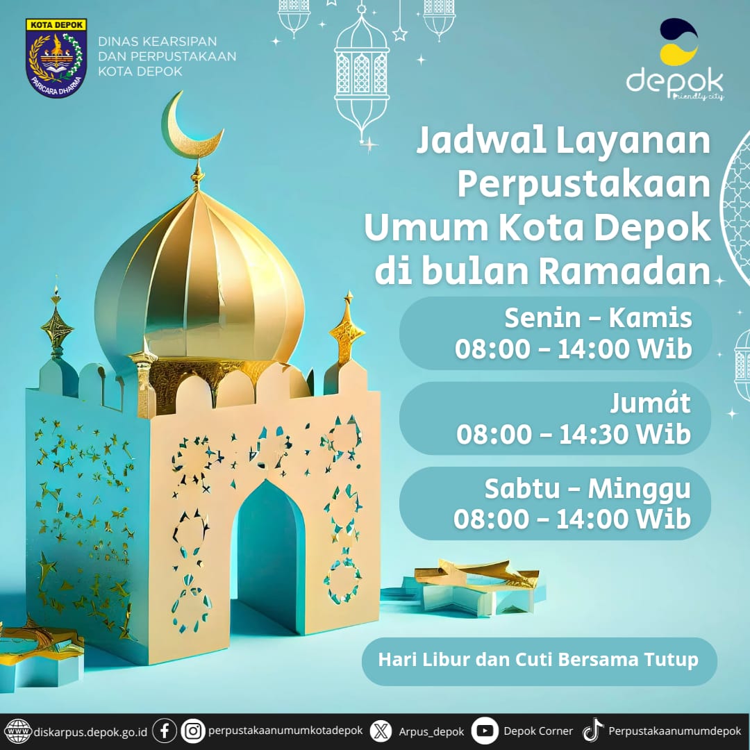 Mimin mau kasih informasi untuk jadwal layanan Perpustakaan Umum Kota Depok selama bulan ramadhan.

Senin s.d Kamis 08.00 - 14.00 WIB
Jum'at 08.00 - 14.30 WIB
Sabtu &amp; Minggu 08.00 - 14.00 WIB
Hari Libur Nasional dan Cuti Bersama TUTUP

#salamliterasi👆 #RamadanKareem