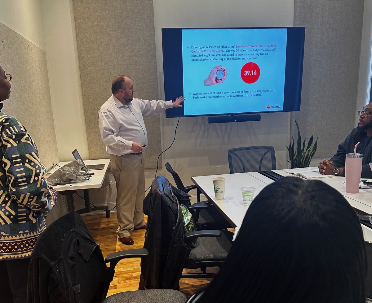 Data says funders decide in 39.14 seconds whether a entrepreneur's pitch is worth listening to. 
Thank you to Jonathan Preedom, Clemson University, for sharing your research with our Flywheel Cohort.