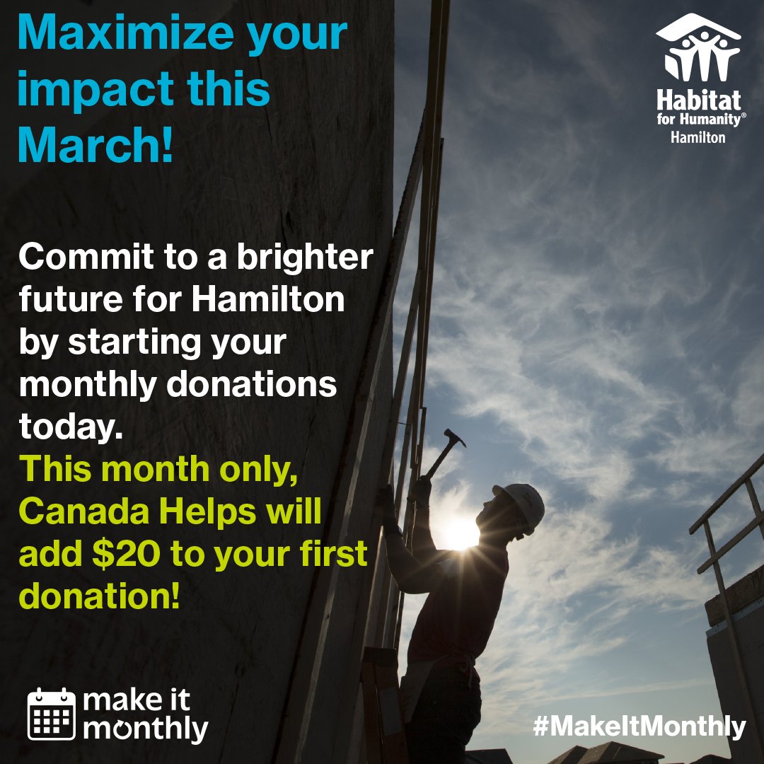 Become a monthly donor to Habitat Hamilton and earn an extra $20 one-time donation from Canada Helps! Join the movement that builds hope every month and make a lasting impact. Sign up now: canadahelps.org/en/charities/h… Terms and Conditions: canadahelps.org/en/make-it-mon…