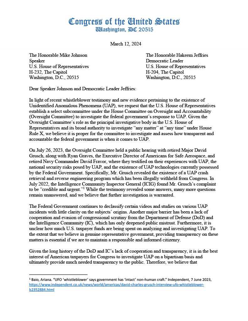 RepEricBurlison's tweet photo. My colleagues and I formally requested that the Speaker establish a select committee focused on UAP.

Transparency is coming. https://t.co/Sptwy05fI3