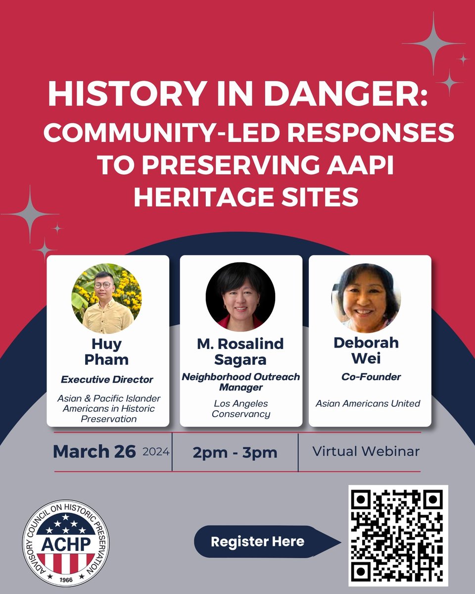 Register now for History in Danger: Community-Led Responses to Preserving AAPI Heritage Sites 2 p.m. ET Tues. March 26. The panelists will discuss their work to preserve Asian American and Pacific Islander history and historic sites. achp.zoomgov.com/webinar/regist… #freewebinar
