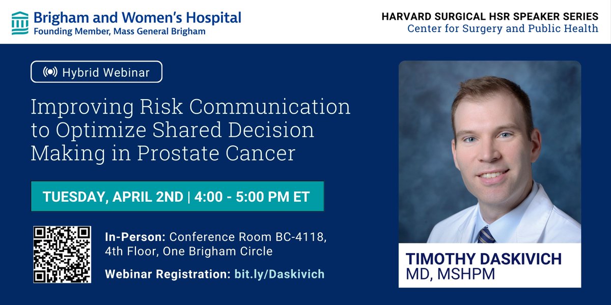 Join us on Tuesday, April 2nd to hear from our next HSR speaker @TimDaskivich on 'Improving Risk Communication to Optimize Shared Decision Making in Prostate Cancer'. Register now for this #CME accredited, hybrid webinar at bit.ly/Daskivich. @CedarsSinai @DeptSurgeryCS