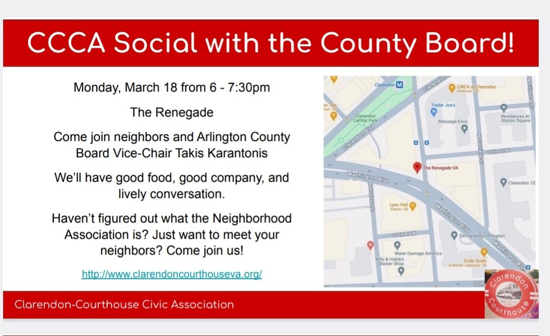ArlingtonCCCA's tweet photo. Next Monday is a Neighborhood Social at @The_Renegade_VA! County Board Vice Chair @TakisKarantonis will be joining us! https://t.co/kiII7xZMiV