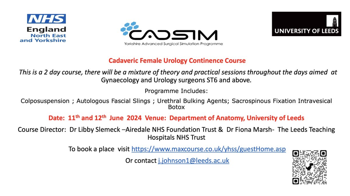 2-day 3rd Cadaveric Female Urology Continence Course, @CADSIMLeeds organised by Libby Selmeck @AiredaleNHSFT. Fantastic opportunity to learn together @BAUSurology @RCObsGyn @BSoT_UK @RCOGNTC @LeedsHospitals @NHSE_WTE To register maxcourse.co.uk/yhss/guestCour…