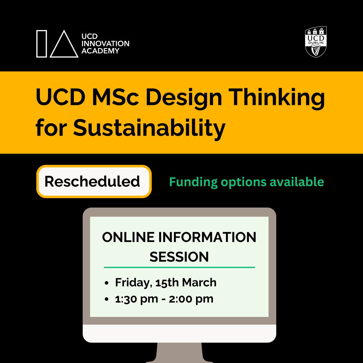 *RESCHEDULED Online Info Session: MSc Design Thinking for Sustainability, March 15th, 1:30pm - 2pm 🌱 Funding & pathway options available 👉Register bit.ly/4ch4WtC #ucd #Sustainability #DesignThinking #msc #masters #Funding #education