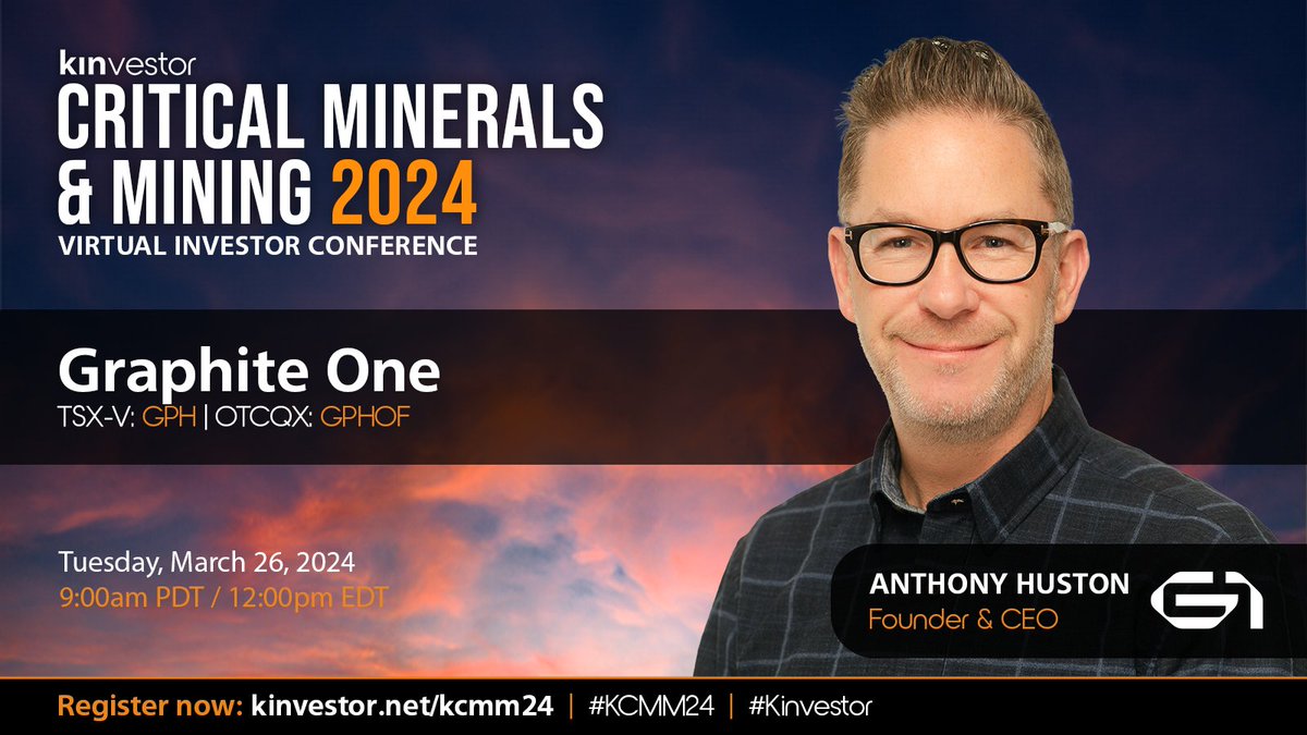 Graphite developer Graphite One's CEO Anthony Huston will be a featured presenter at the upcoming Kinvestor Critical Minerals & Mining Conference.

More info: us06web.zoom.us/webinar/regist…

$GPH.V $GPHOF #graphite #Alaska #criticalminerals #criticalmetals