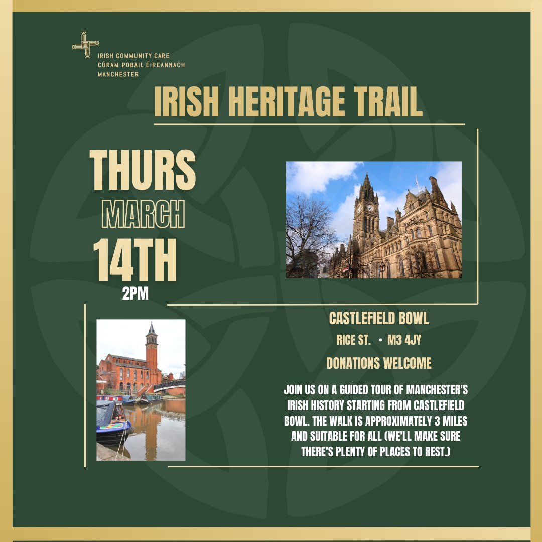 🚨Tomorrow!🚨 Plenty of stops and accessible to those of all walking abilities Jordan's tour captures and explains the unique heritage, history, and culture of the Irish in Manchester. See you there👀