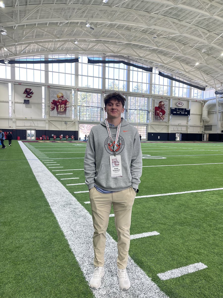 Thank you @BCFootball for having me over today. I had a great time watching practice, going through the facilities and looking at campus. Huge thanks to @ChrisSnee76, @Coach_JDiBiaso, and @MButlerBCFB for the opportunity. @Coach_Brady @CoachMatteo_WFS @ConnorJessop @WoodberryFB