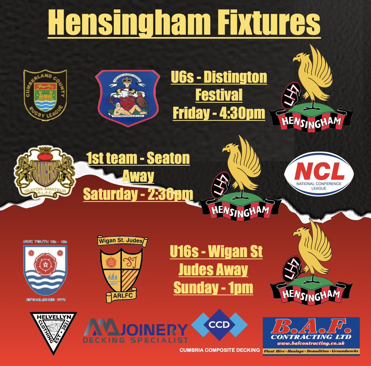 More fantastic fixtures this week: Fri - U6s @DistingtonARL festival Sat - our @OfficialNCL side take the short trip to @SeatonRangersRL Sun - our North West Counties U16s travel to @StJudesOfficial Some great rugby on offer so try & get to the games & shout the teams on 🔴⚫️🏉😀