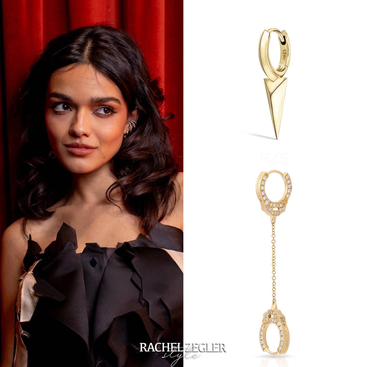 ZeglerStyle's tweet photo. Rachel Zegler wore the #MariaTash ‘Faceted Single Long Spike Hoop Earring’ ($395) and the ‘Double-sided Diamond Handcuff with Medium Chain Hoop Earring’ ($2,695).
She also wore the #JemmaWynne ‘Prive Black Rhodium and Diamond Triple Ear Cuff’ ($5,460) https://t.co/sgjRWnr0su