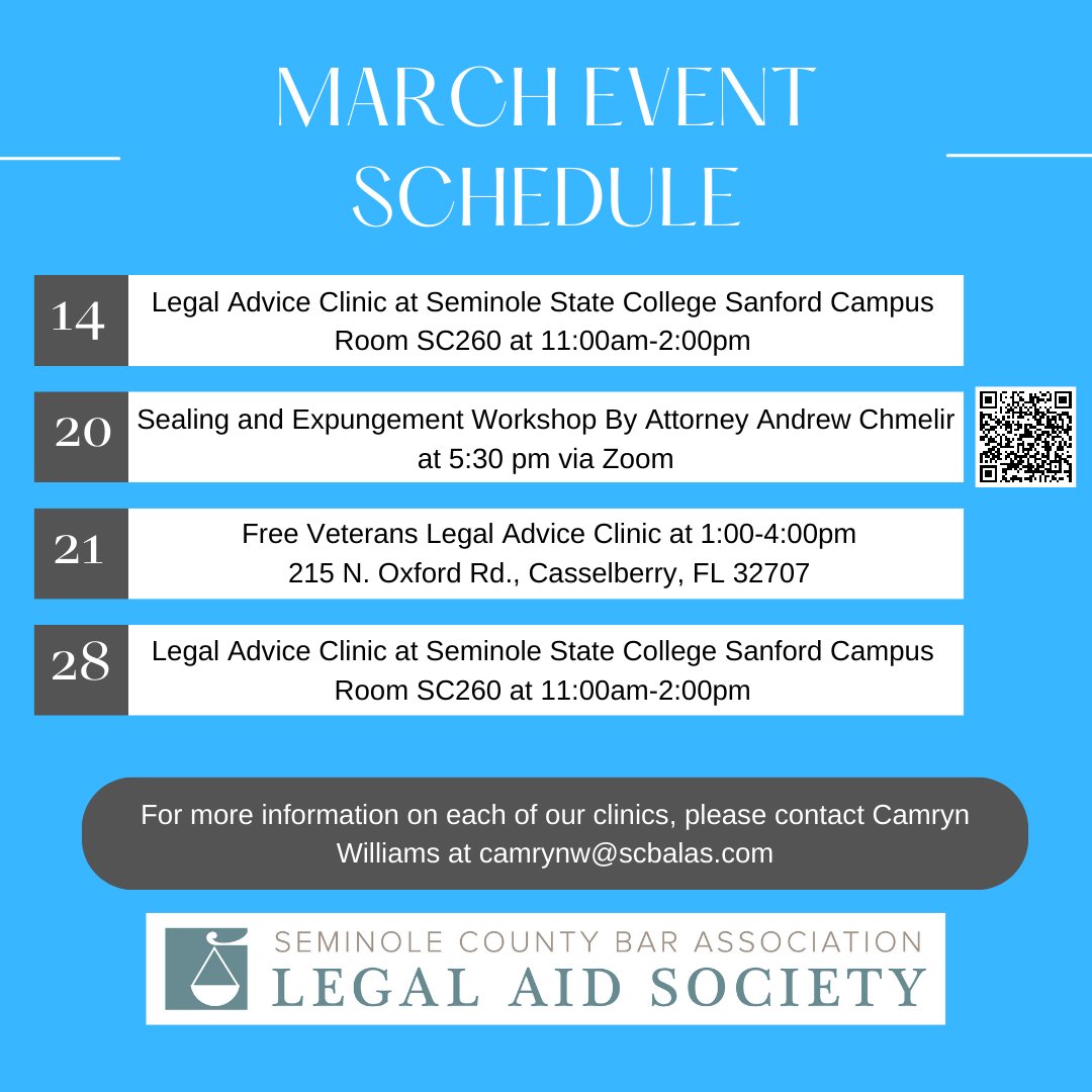 We may be half way through the month, but we still have a great schedule of workshops and clinics you won't want to miss. #Spring #March #NewSchedule #FreeLegalAid #FreeLegalAdvice #Veterans #FreeWorkshop #sealing #ClearYourRecord