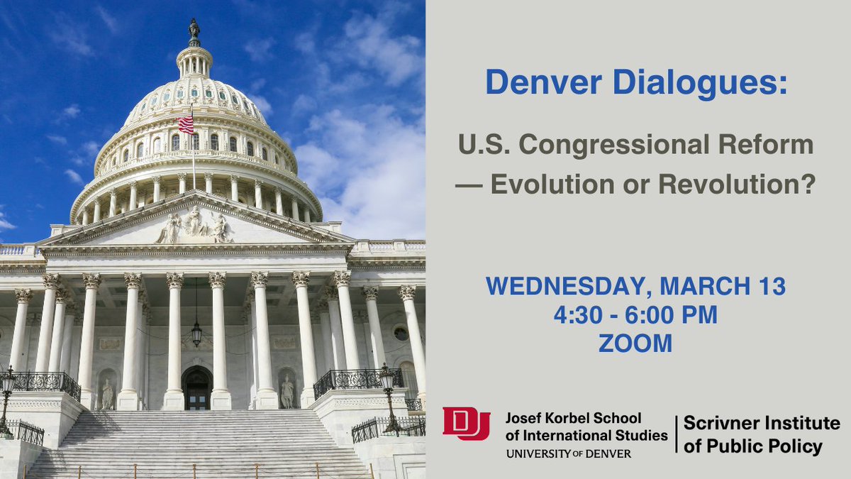 Scrivner Institute of Public Policy (@scrivner_inst) on Twitter photo Join us <a href="/josefkorbel/">Josef Korbel School of Global and Public Affairs</a> for our next Denver Dialogue focused on U.S. Congressional reform TONIGHT, 3/13 @ 4:30pm MT.
Ft. <a href="/RepCharlieDent/">Charlie Dent</a> <a href="/AspenInstitute/">The Aspen Institute</a>, <a href="/leedrutman/">Lee Drutman ⚙️🏛</a> <a href="/NewAmerica/">New America</a>, <a href="/PhilipWallach/">Philip Wallach</a> <a href="/AEI/">American Enterprise Institute</a>, and Brandice Canes-Wrone <a href="/HooverInst/">Hoover Institution</a>.
Register here: bit.ly/DenverDialogue… Join us <a href="/josefkorbel/">Josef Korbel School of Global and Public Affairs</a> for our next Denver Dialogue focused on U.S. Congressional reform TONIGHT, 3/13 @ 4:30pm MT.
Ft. <a href="/RepCharlieDent/">Charlie Dent</a> <a href="/AspenInstitute/">The Aspen Institute</a>, <a href="/leedrutman/">Lee Drutman ⚙️🏛</a> <a href="/NewAmerica/">New America</a>, <a href="/PhilipWallach/">Philip Wallach</a> <a href="/AEI/">American Enterprise Institute</a>, and Brandice Canes-Wrone <a href="/HooverInst/">Hoover Institution</a>.
Register here: bit.ly/DenverDialogue…