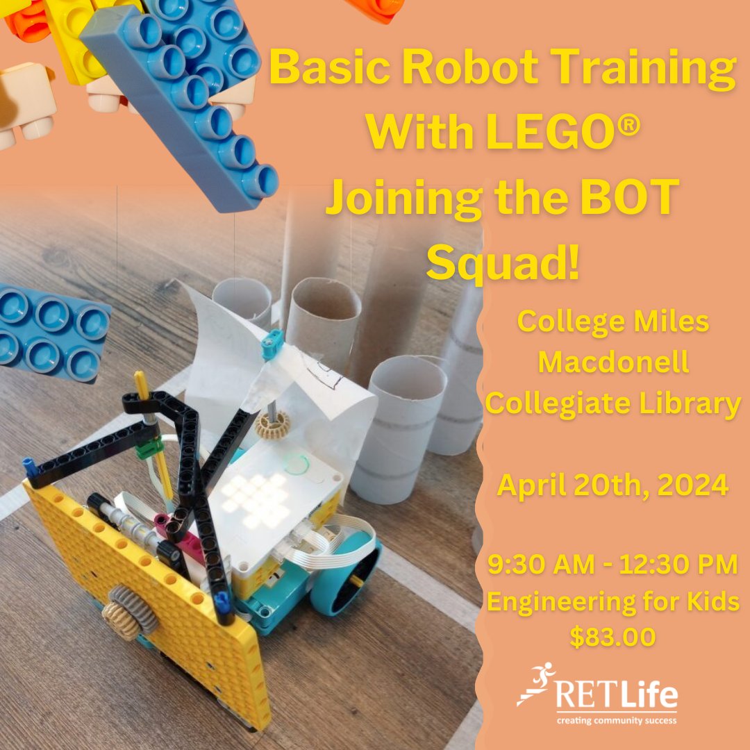 Build a robot with Lego!
Register today > tinyurl.com/u3jby57c
For Ages 8 - 12 

View all programs at retlife.ca

@RETSDschools  #lego #engineeringforkids #LifeIsForLearning