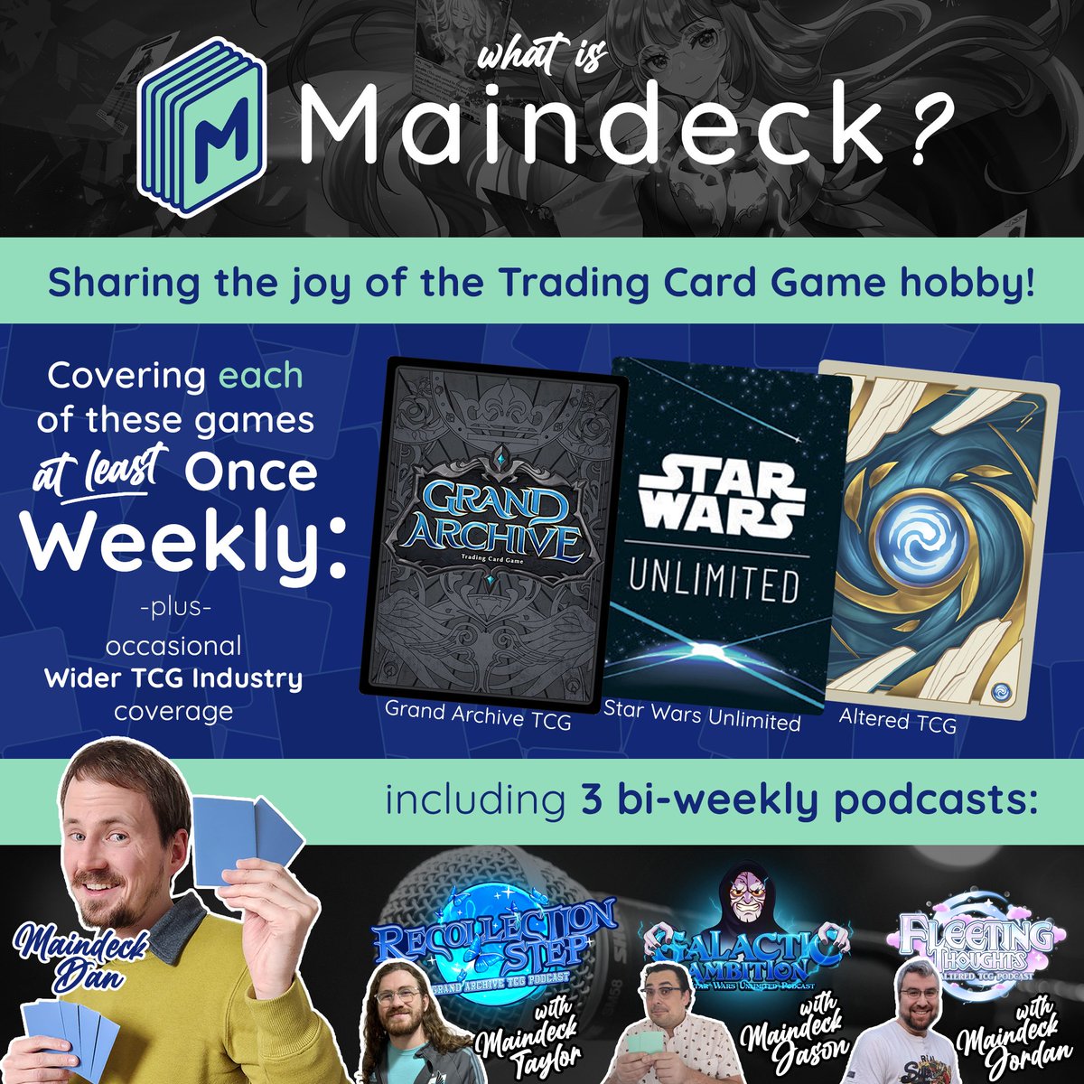 MaindeckGames's tweet image. Thank you all for joining us on our TCG journey!
In 2024, we are on fire about @grandarchivetcg, @UnlimitedFFG, and @Altered_TCG and committed to bringing you AT LEAST 1 video each week for each game!
Maindeck YT: youtube.com/@maindeckgames
Discord: discord.maindeck.games