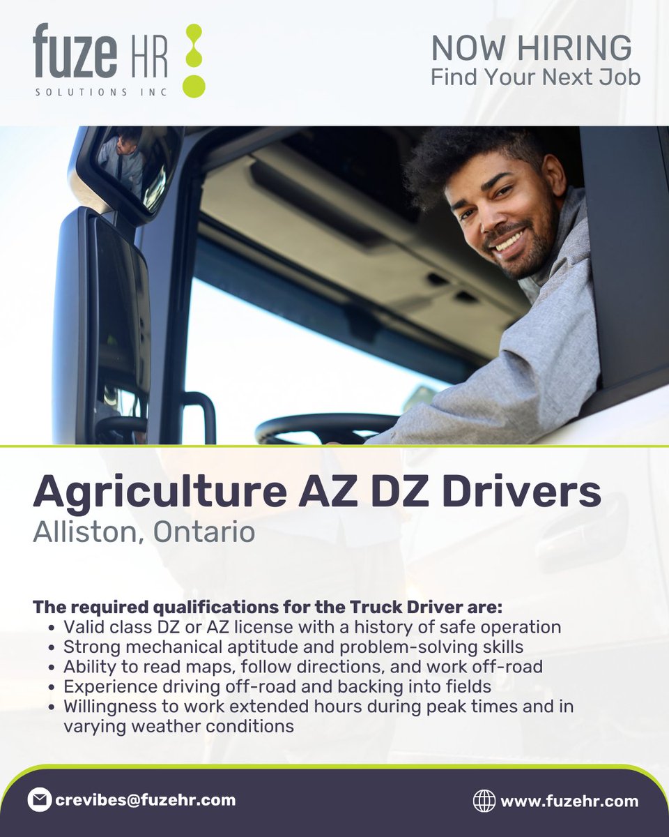Now Hiring: Agriculture DZ and AZ Drivers - Alliston, ONT

Click here to learn more about the position: ow.ly/4LzP50QSG2K

#AgricultureJobs #AllistonON #AZDriver #DZDriver #SeasonalWork #SafetyFirst #Opportunity #ApplyNow #OntarioJobs #Agronomy #Ontario #Canada