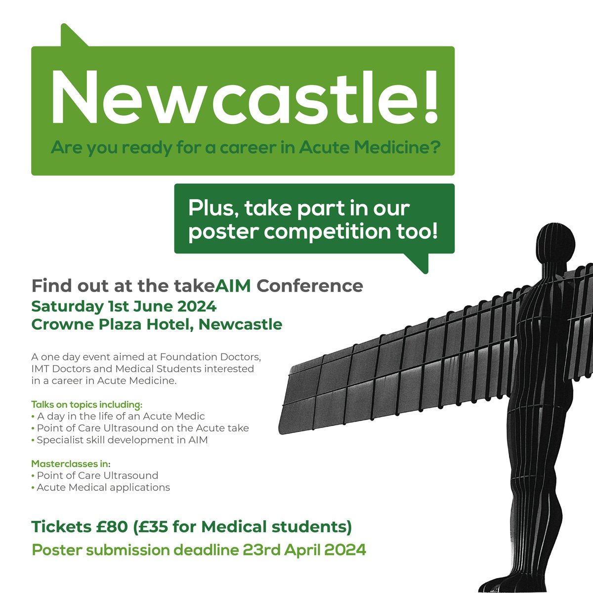 The #TakeAIM24 Conference in Newcastle - now open to registration! (happening on 1.6.24) Register here: ➡️eventsforce.net/takeaim2024 Join the #takeAIM Fellows & epic speakers, poster competition, ultrasound masterclass & panel discussions We will see you there! @acutemedicine