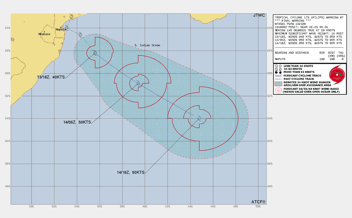 LimWeather's tweet photo. #Filipo off S #Mozambique's coast near #Maxixe, up to 50mph to peak for a 2nd time at =>60mph C1 after curving out before it weakens, turns post tropical #flooding rains likely there, #SouthAfrica, #Eswatani/#Swaziland
#Wxtwitter #TropicsWx #Cyclone #CycloneFilipo https://t.co/rUJ7KuBFsb