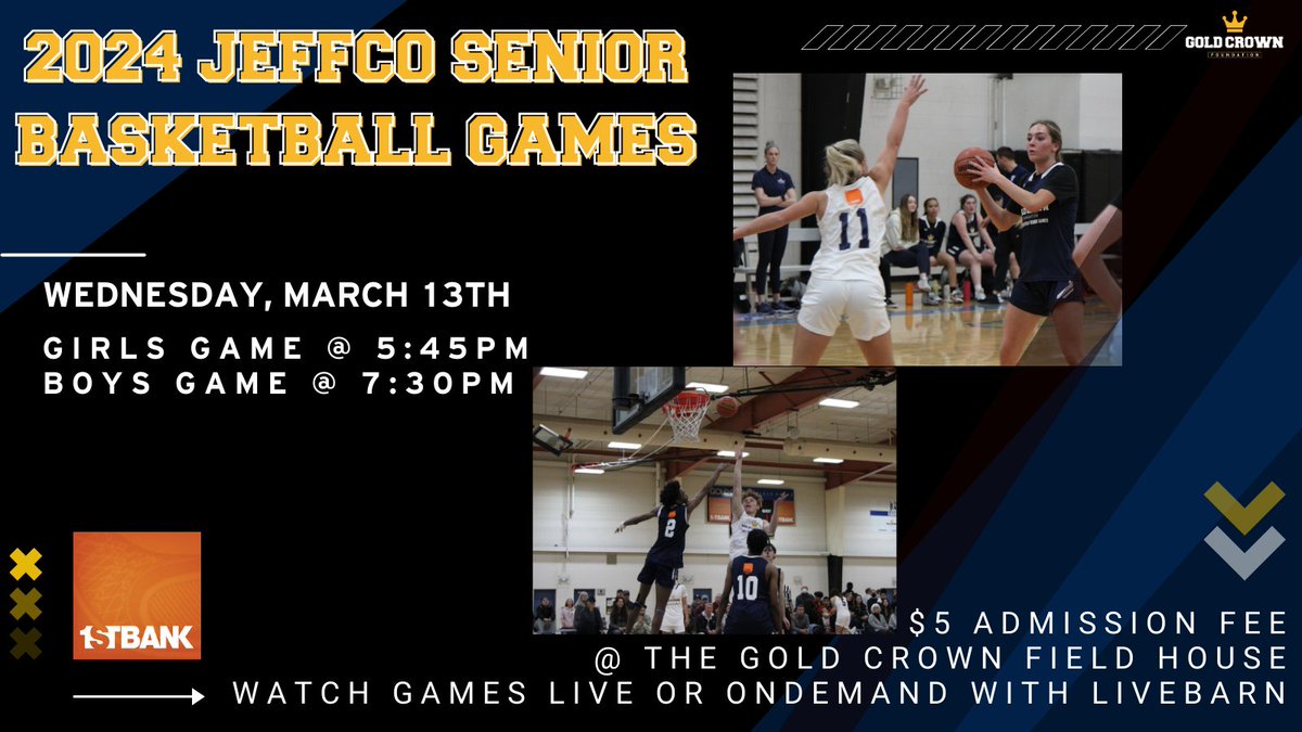 Gold Crown Foundation (@goldcrownco) on Twitter photo The time is finally here!!👑🏀
Jeffco High School Basketball Games start at 5:45p.m. at the #GoldCrownFieldHouse ! Come support your favorite players one last time before they graduate!
This matchup is one you won't want to miss!
#GoldCrownBasketball <a href="/JeffcoAthletics/">Jeffco Athletics</a> #COpreps The time is finally here!!👑🏀
Jeffco High School Basketball Games start at 5:45p.m. at the #GoldCrownFieldHouse ! Come support your favorite players one last time before they graduate!
This matchup is one you won't want to miss!
#GoldCrownBasketball <a href="/JeffcoAthletics/">Jeffco Athletics</a> #COpreps