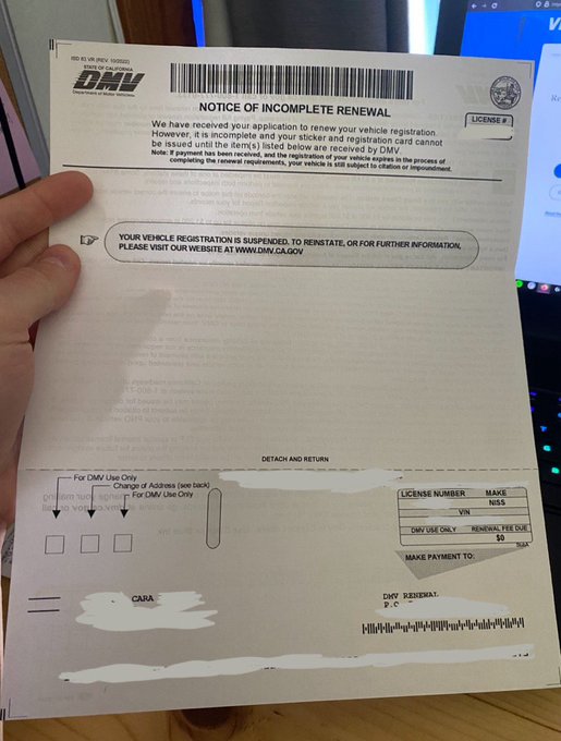 >gets the next steps for my vehicle registration in the mail "your registration is incomplete. do the