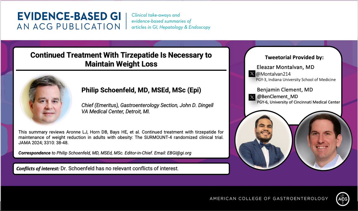 1/ ⏰ for #EBGI Tweetorial🧵w/ @Montalvan214 & @BenClement_MD! “Continued Treatment With Tirzepatide Is Necessary to Maintain Weight Loss” 📜Summary: shorturl.at/pzES5 🎧 : shorturl.at/gCDO7 📰 : shorturl.at/gjIK3 #GITwitter #Medtwitter