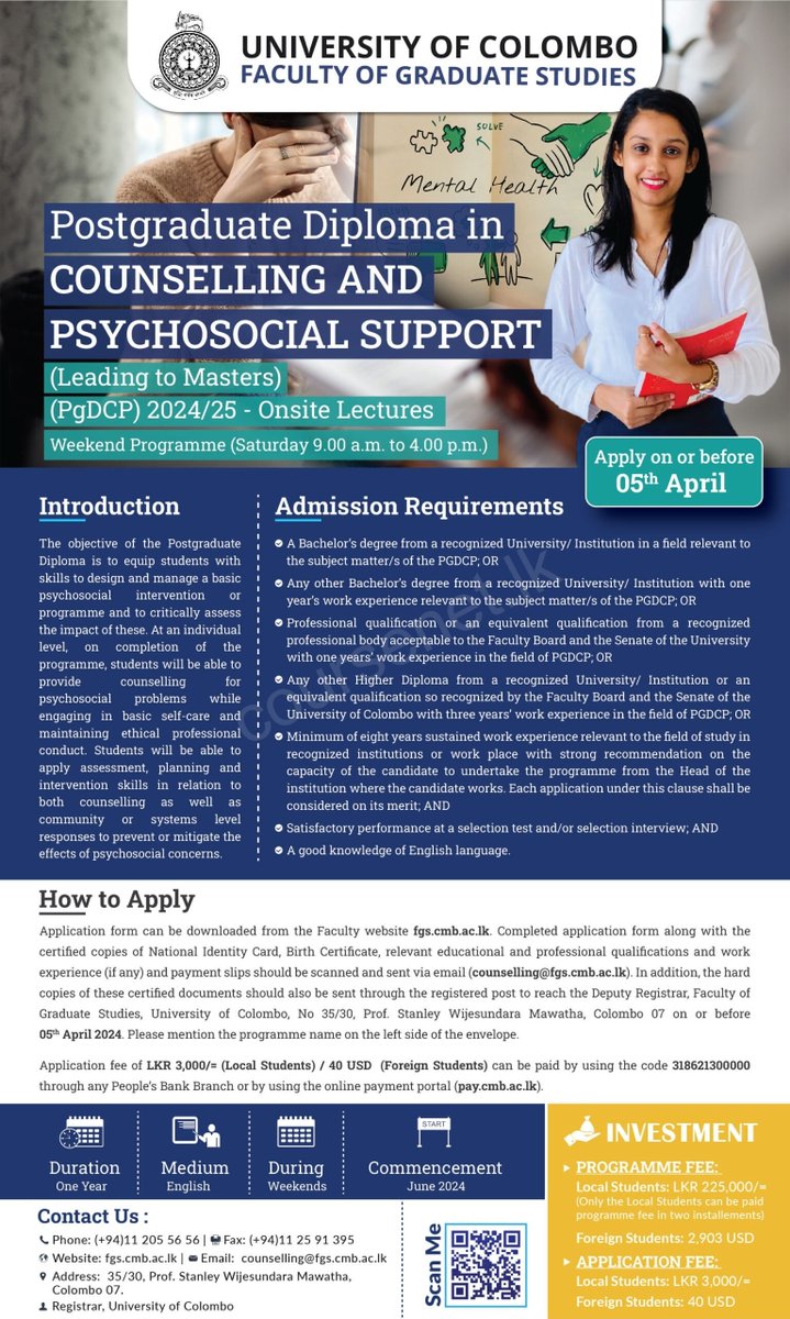 Postgraduate Diploma in Counselling and Psychosocial Support - Weekend Programme from the University of Colombo #postgraduate #PGDiploma #Counselling #PsychosocialSupport #course #coursenet