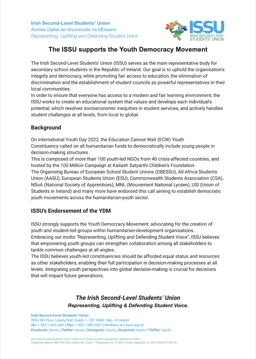Irish Second-Level Students' Union (ISSU) (@issu4u) on Twitter photo The ISSU endorses the Youth Democracy Movement!
<a href="/YouthDemocracy_/">Youth Democracy Movement</a>
● <a href="/aasu_72/">All-Africa Students Union</a>
● <a href="/ESUtwt/">European Students' Union (ESU)</a>
● <a href="/obessu/">OBESSU</a>
● @OCLAEoficial57
● <a href="/CwealthStudents/">Commonwealth Students Assoc.</a>
● <a href="/GCE_US/">GCE-US</a>
● <a href="/GBK_Deutschland/">GlobaleBildungskampagne</a>
● <a href="/ArabCampaignEdu/">ACEA</a>
Read the full statement below. The ISSU endorses the Youth Democracy Movement!
<a href="/YouthDemocracy_/">Youth Democracy Movement</a>
● <a href="/aasu_72/">All-Africa Students Union</a>
● <a href="/ESUtwt/">European Students' Union (ESU)</a>
● <a href="/obessu/">OBESSU</a>
● @OCLAEoficial57
● <a href="/CwealthStudents/">Commonwealth Students Assoc.</a>
● <a href="/GCE_US/">GCE-US</a>
● <a href="/GBK_Deutschland/">GlobaleBildungskampagne</a>
● <a href="/ArabCampaignEdu/">ACEA</a>
Read the full statement below.